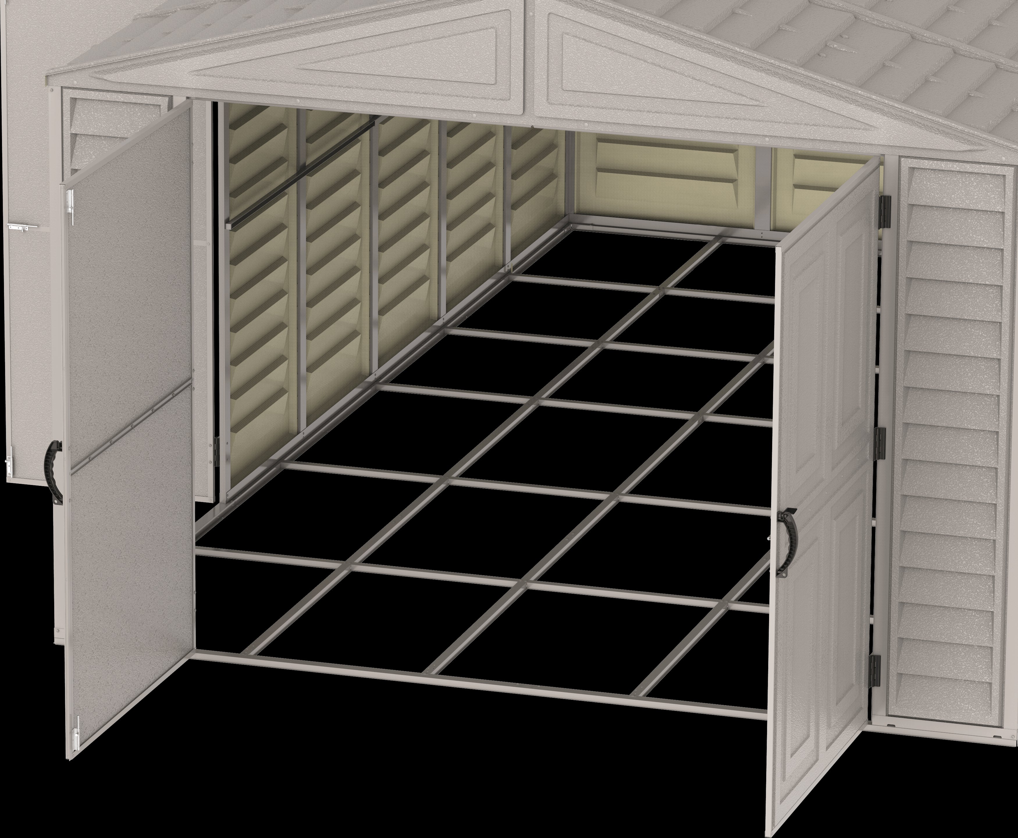 Duramax Vinyl Garage 10.5x20.5 w/ Foundation 2 Windows 15226 interior view of foundation grid