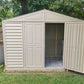 Duramax 10.5' x 5.0' Woodbridge with Foundation 00283 shed in yard with one door open