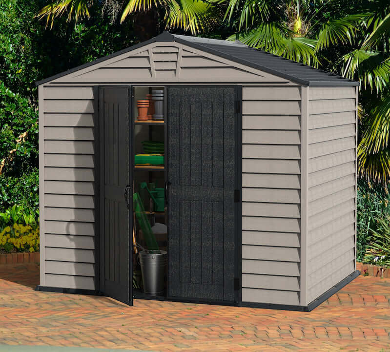 Duramax 10.5' x 8' Storemax Plus Vinyl Shed Kit with Floor 30225 exterior view shed in yard