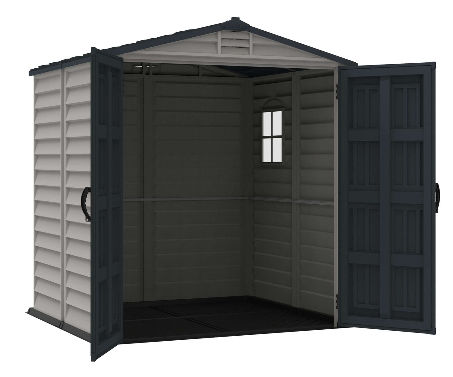 Duramax 6' x 6' StoreMate Plus Vinyl Shed w/ Floor 30425 front view double door open inside view of the side window