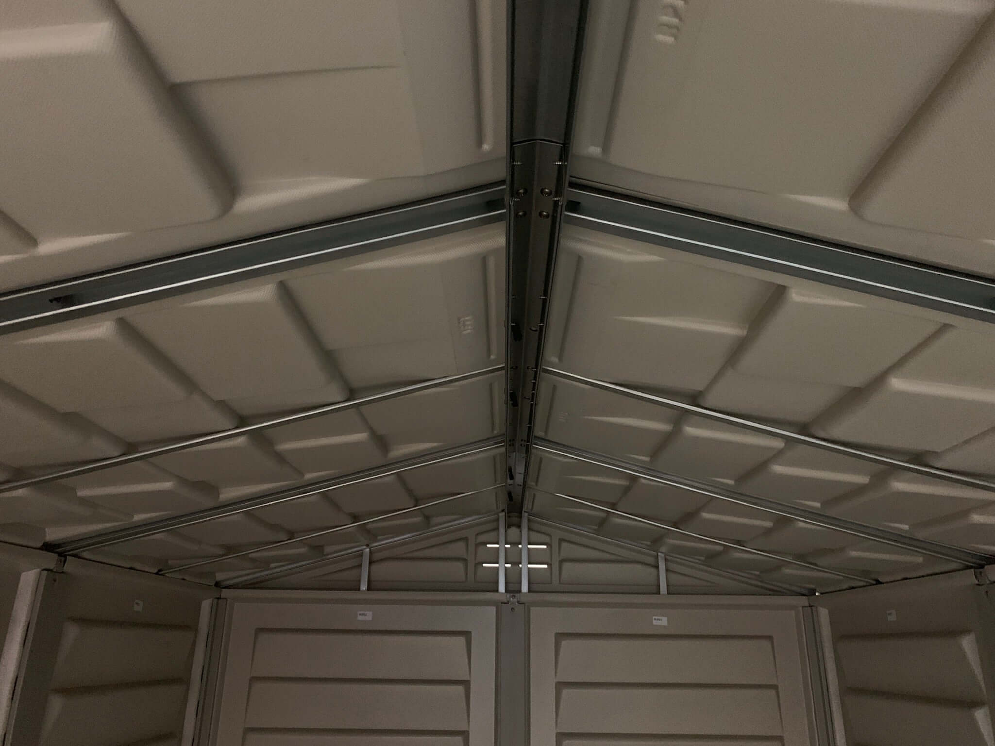 Duramax 6' x 6' StoreMate Plus Vinyl Shed w/ Floor 30425 interior steel reinforced ceiling seen from below