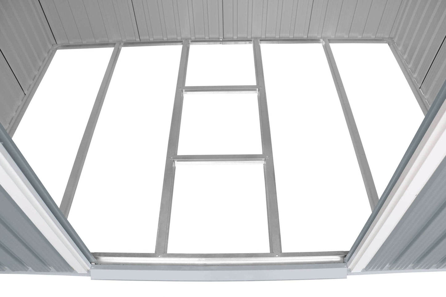 Duramax 8x6 Top Pent Roof w/ Skylight - Light Gray 20552 inside foundation kit view