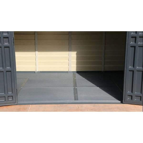 Duramax 10.5' x 8' Storemax Plus Vinyl Shed Kit with Floor 30225 open door view of floor