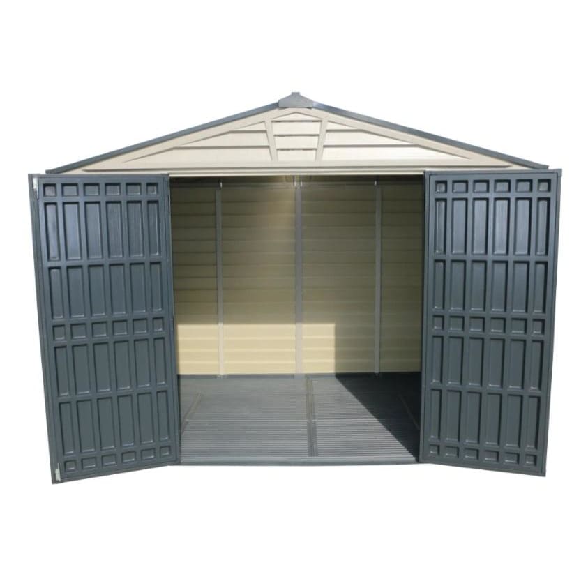 Duramax 10.5' x 8' Storemax Plus Vinyl Shed Kit with Floor 30225 front view open door with floor