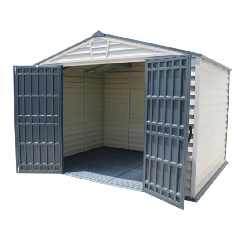 Duramax 10.5' x 8' Storemax Plus Vinyl Shed Kit with Floor 30225 front view open doors