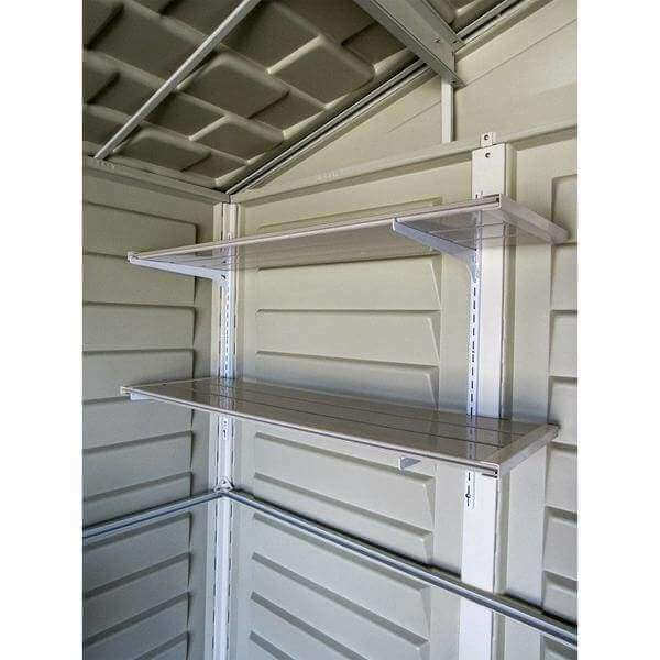 Duramax 10.5 x 8 Woodbridge Plus w/ Foundation 40214 interior view of wall with shelf unit.