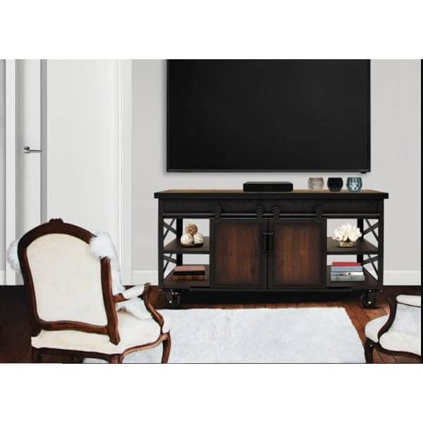 Duramax Farmhouse Cabinet 68062 lifestyle view as entertainment center with TV