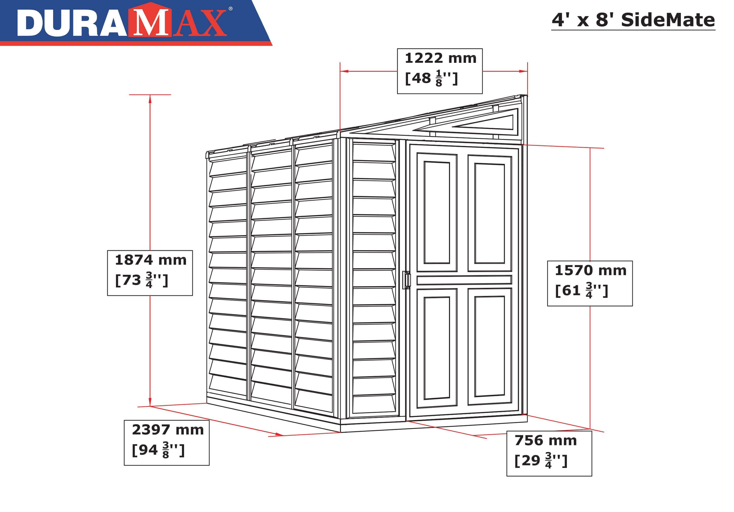 Duramax 4x8 SideMate Plus w/ Foundation 36625 tech drawing with dimensions